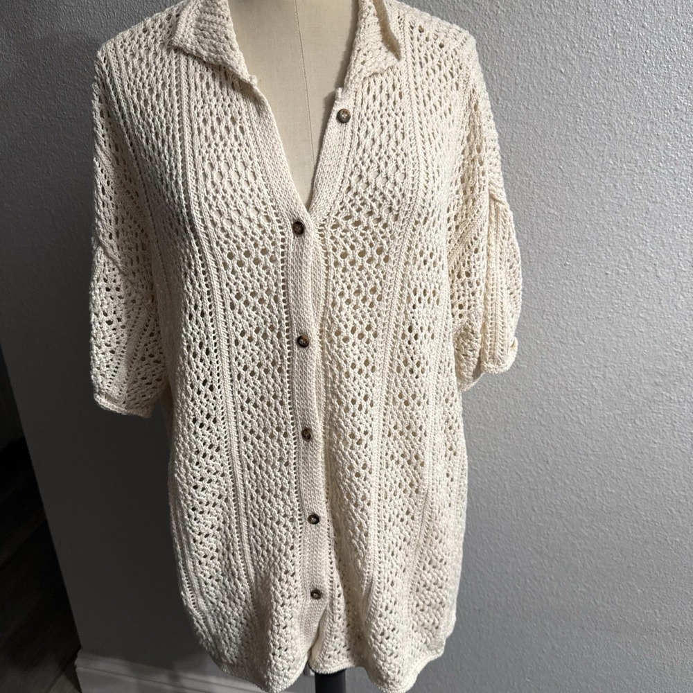 Rip Curl Ivory Button Up Shirt Crochet Knit Boho Festival Beach Wear Cover Up